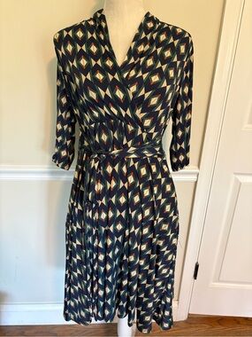 Geometric Wrap Midi Dress in Navy and Cream